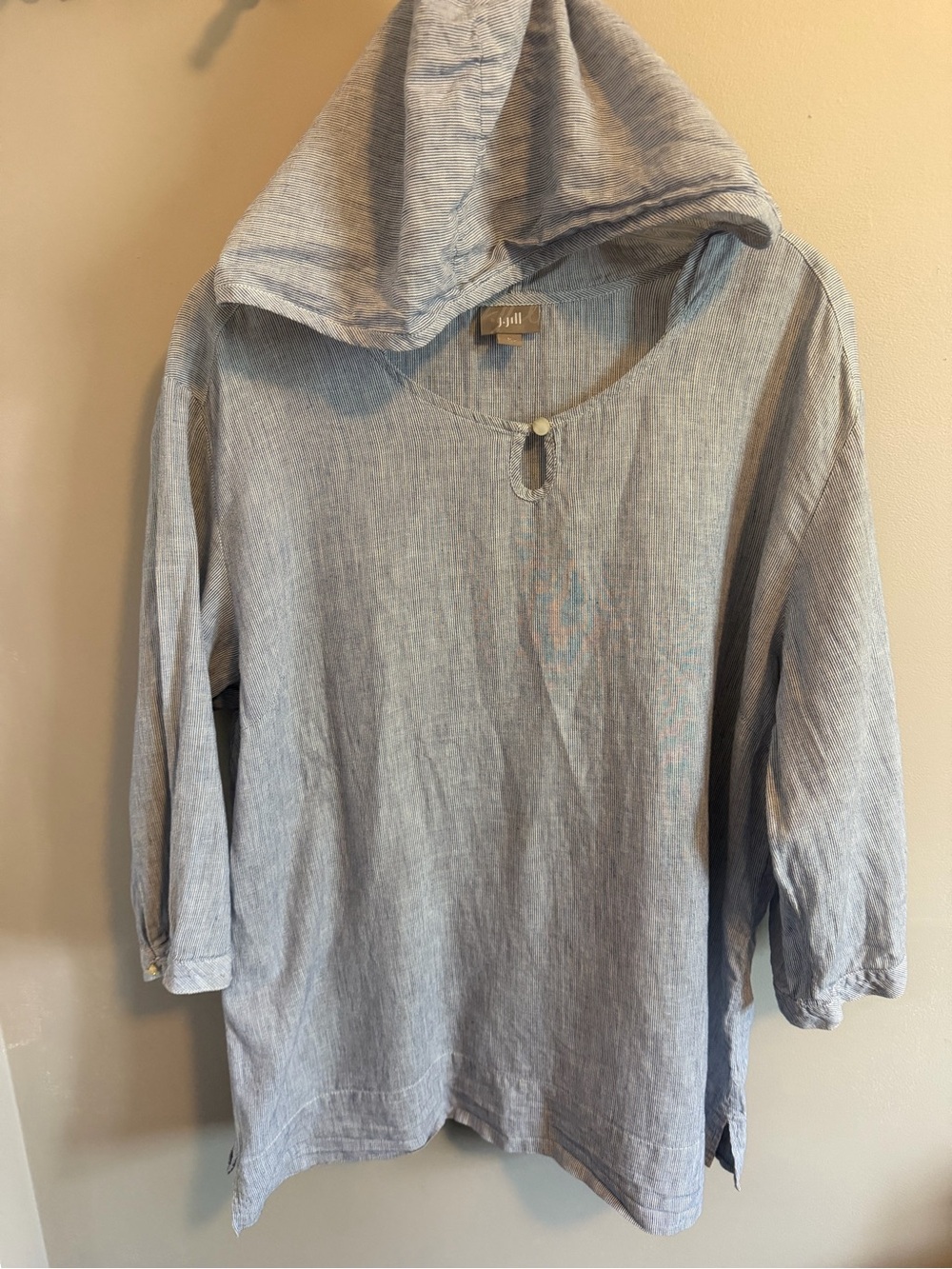 J. Jill Blue White Striped Linen Blend Hooded Tunic Top L